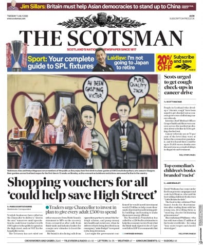 The Scotsman Newspaper Front Page for 7 July 2020
