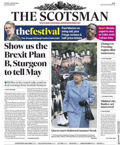 The Scotsman (UK) Newspaper Front Page for 7 August 2018