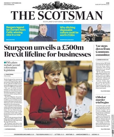 The Scotsman Newspaper Front Page for 7 September 2016