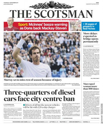 The Scotsman (UK) Newspaper Front Page for 7 September 2017