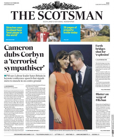 The Scotsman Newspaper Front Page for 8 October 2015