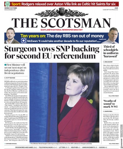 The Scotsman Newspaper Front Page for 8 October 2018