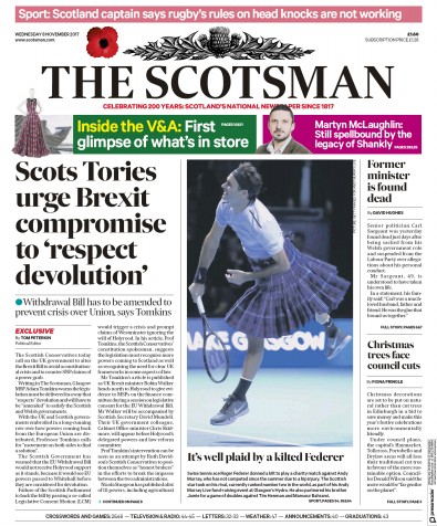 The Scotsman Newspaper Front Page for 8 November 2017