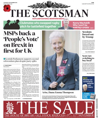 The Scotsman (UK) Newspaper Front Page for 8 November 2018
