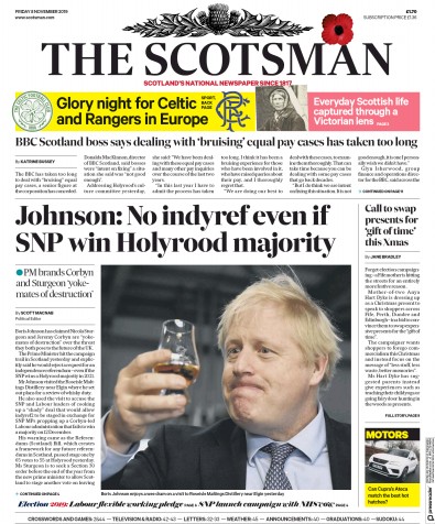 The Scotsman (UK) Newspaper Front Page for 8 November 2019