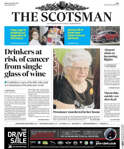 The Scotsman Newspaper Front Page for 8 January 2016