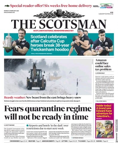 The Scotsman Newspaper Front Page for 8 February 2021