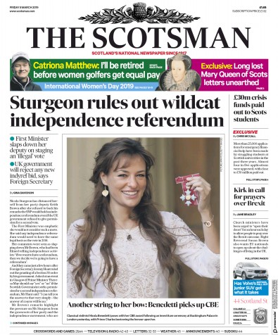 The Scotsman Newspaper Front Page for 8 March 2019