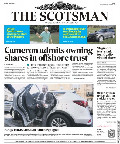 The Scotsman Newspaper Front Page for 8 April 2016