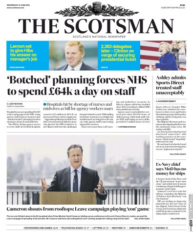 The Scotsman (UK) Newspaper Front Page for 8 June 2016