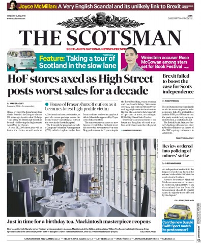 The Scotsman Newspaper Front Page for 8 June 2018