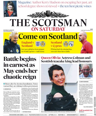 The Scotsman Newspaper Front Page for 8 June 2019
