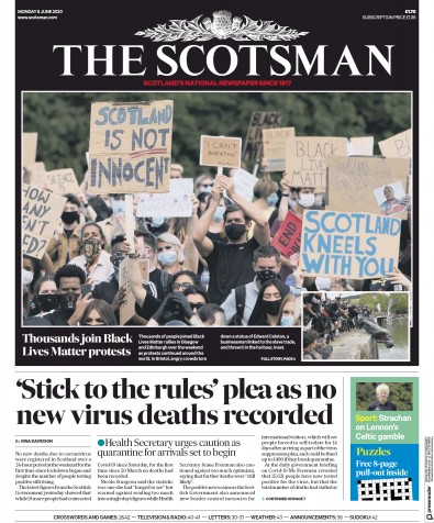 The Scotsman (UK) Newspaper Front Page for 8 June 2020