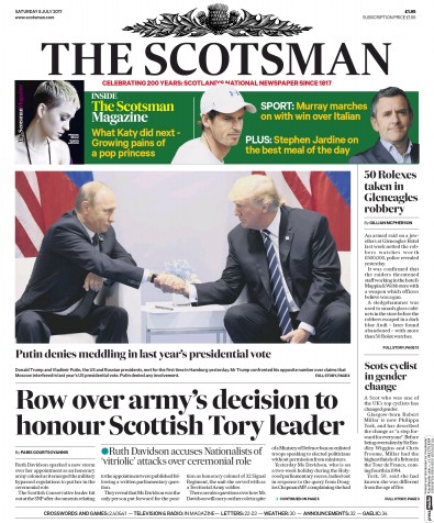 The Scotsman Newspaper Front Page for 8 July 2017