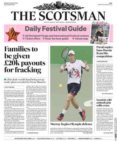 The Scotsman Newspaper Front Page for 8 August 2016