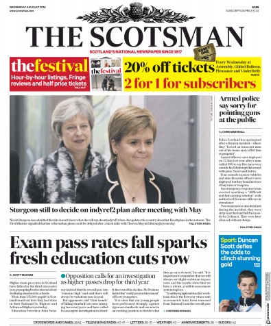 The Scotsman Newspaper Front Page for 8 August 2018