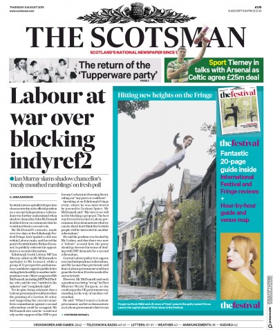 The Scotsman Newspaper Front Page for 8 August 2019