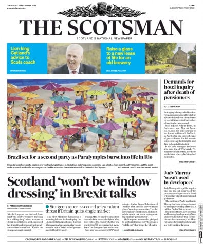 The Scotsman Newspaper Front Page for 8 September 2016