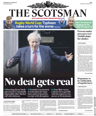 The Scotsman Newspaper Front Page for 9 October 2019