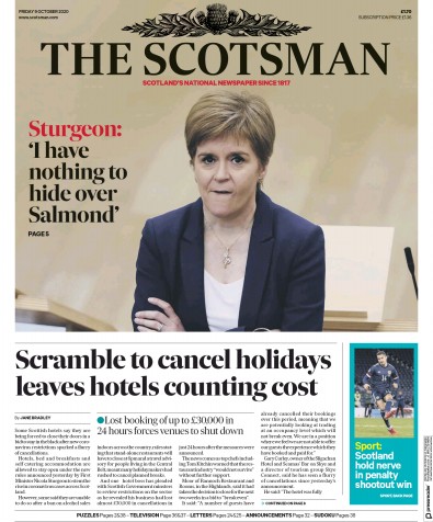 The Scotsman Newspaper Front Page for 9 October 2020