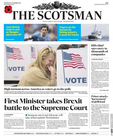 The Scotsman Newspaper Front Page for 9 November 2016
