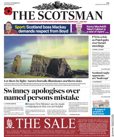 The Scotsman (UK) Newspaper Front Page for 9 November 2017