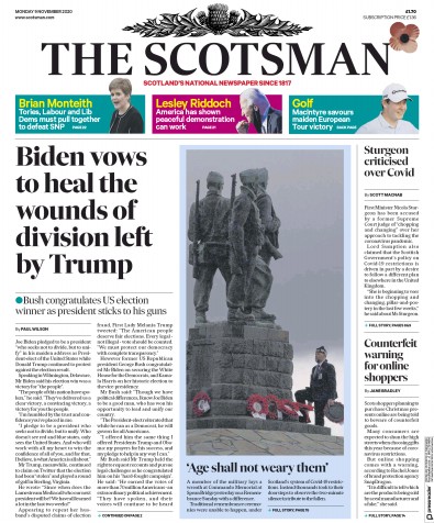 The Scotsman Newspaper Front Page for 9 November 2020