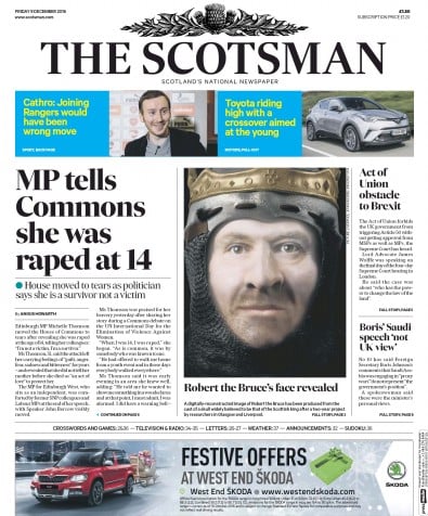 The Scotsman Newspaper Front Page for 9 December 2016