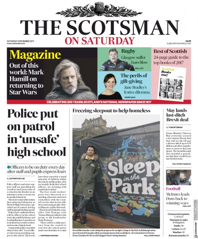 The Scotsman Newspaper Front Page for 9 December 2017
