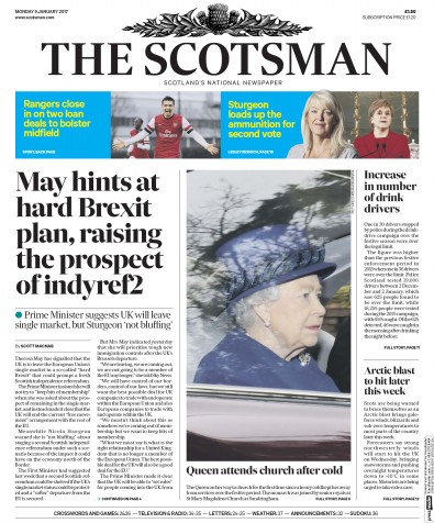 The Scotsman Newspaper Front Page for 9 January 2017