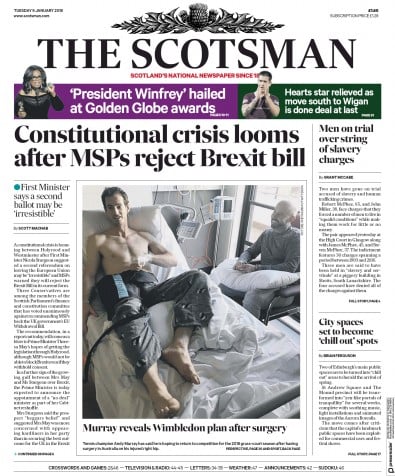 The Scotsman (UK) Newspaper Front Page for 9 January 2018