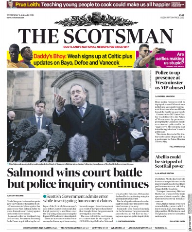 The Scotsman Newspaper Front Page for 9 January 2019