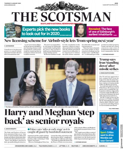 The Scotsman (UK) Newspaper Front Page for 9 January 2020