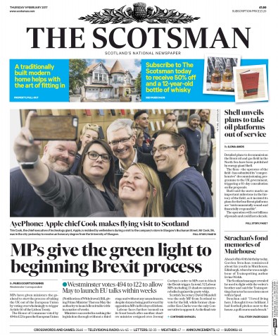 The Scotsman Newspaper Front Page for 9 February 2017