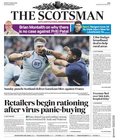 The Scotsman Newspaper Front Page for 9 March 2020