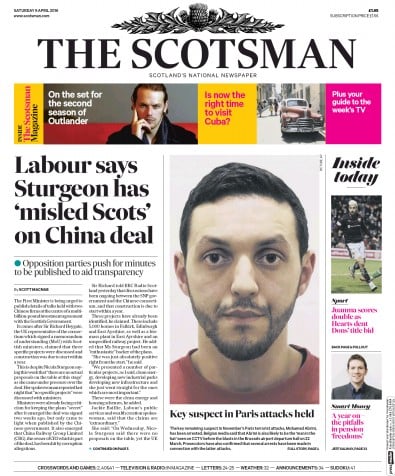 The Scotsman Newspaper Front Page for 9 April 2016