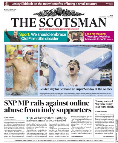 The Scotsman (UK) Newspaper Front Page for 9 April 2018