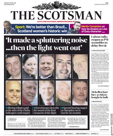 The Scotsman Newspaper Front Page for 9 April 2019