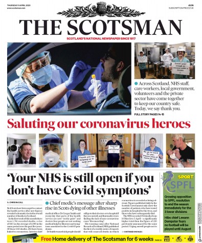 The Scotsman (UK) Newspaper Front Page for 9 April 2020
