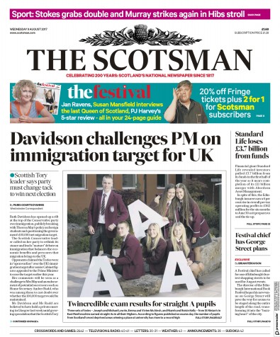 The Scotsman Newspaper Front Page for 9 August 2017