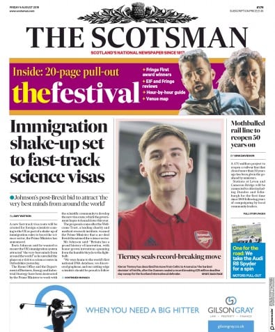 The Scotsman Newspaper Front Page for 9 August 2019