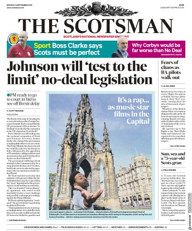 The Scotsman Newspaper Front Page for 9 September 2019