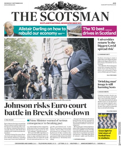 The Scotsman Newspaper Front Page for 9 September 2020