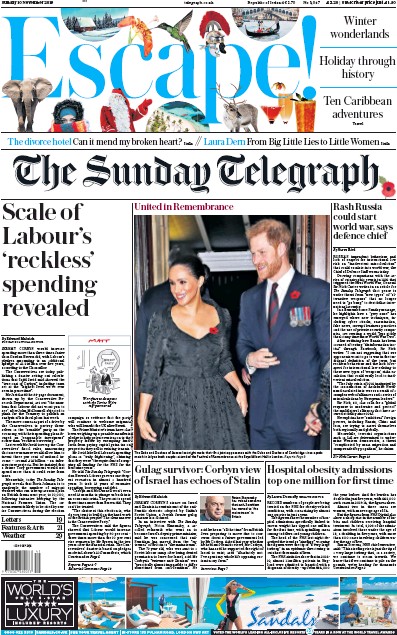 The Sunday Telegraph Newspaper Front Page for 10 November 2019
