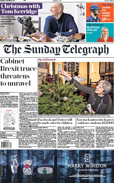 The Sunday Telegraph Newspaper Front Page for 10 December 2017