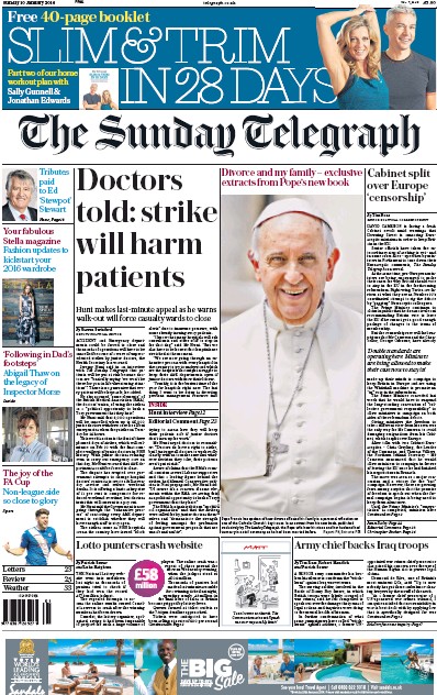 The Sunday Telegraph Newspaper Front Page for 10 January 2016