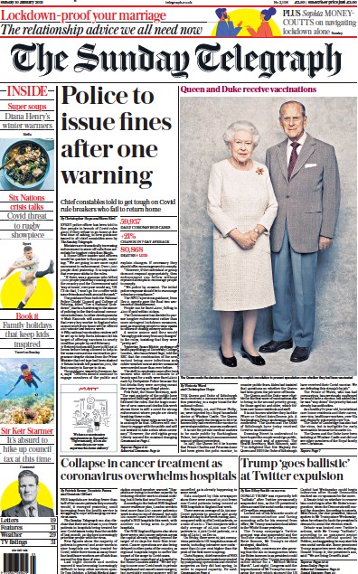 The Sunday Telegraph (UK) Newspaper Front Page for 10 January 2021