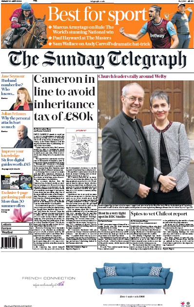 The Sunday Telegraph Newspaper Front Page for 10 April 2016