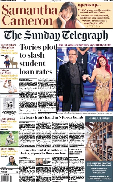 The Sunday Telegraph Newspaper Front Page for 10 September 2017