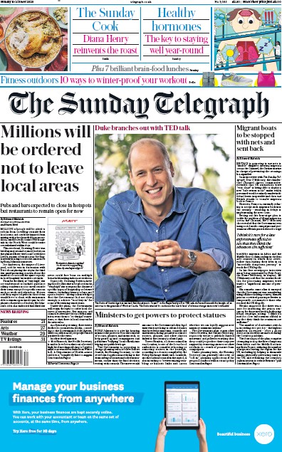 The Sunday Telegraph Newspaper Front Page for 11 October 2020